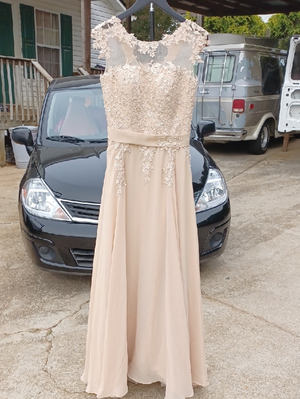 High-neck Long Gown With Floral Embroidery Detail Beige Pink Color